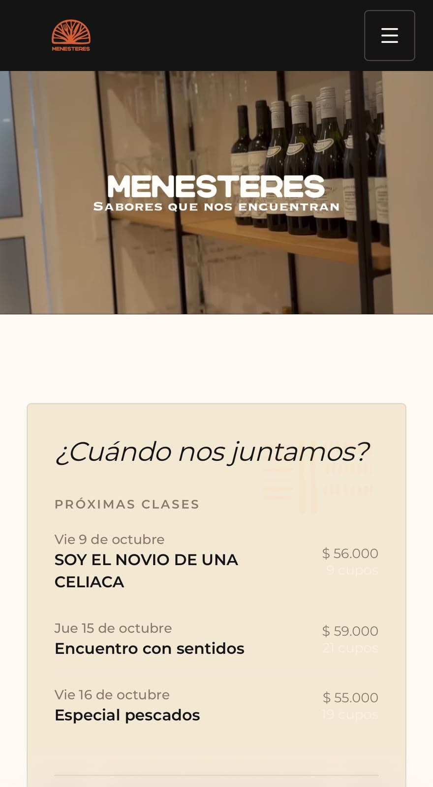 Home de Menesteres en el celular con las próximas clases